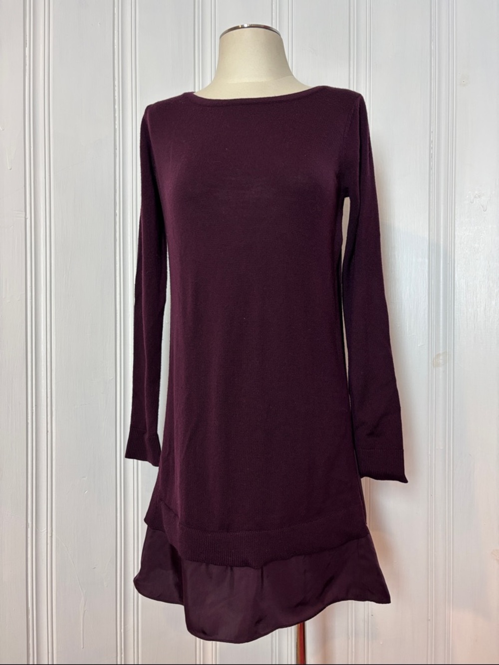 Club Monaco Long Sleeve Layered Hem Dress in Burgundy Plum